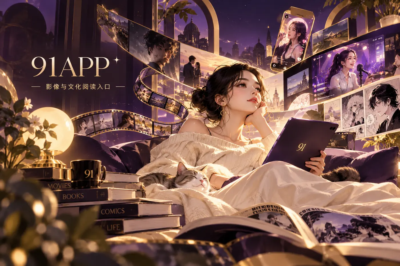 深葡萄紫主题的91APP影像导读视觉